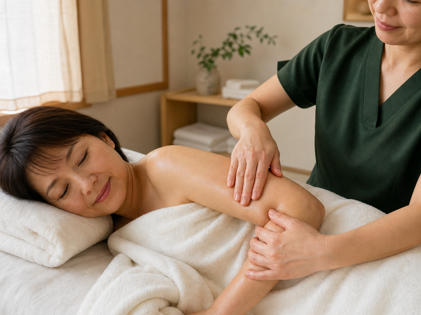 女性の腕と肩まわりを穏やかにケアするリンパケア