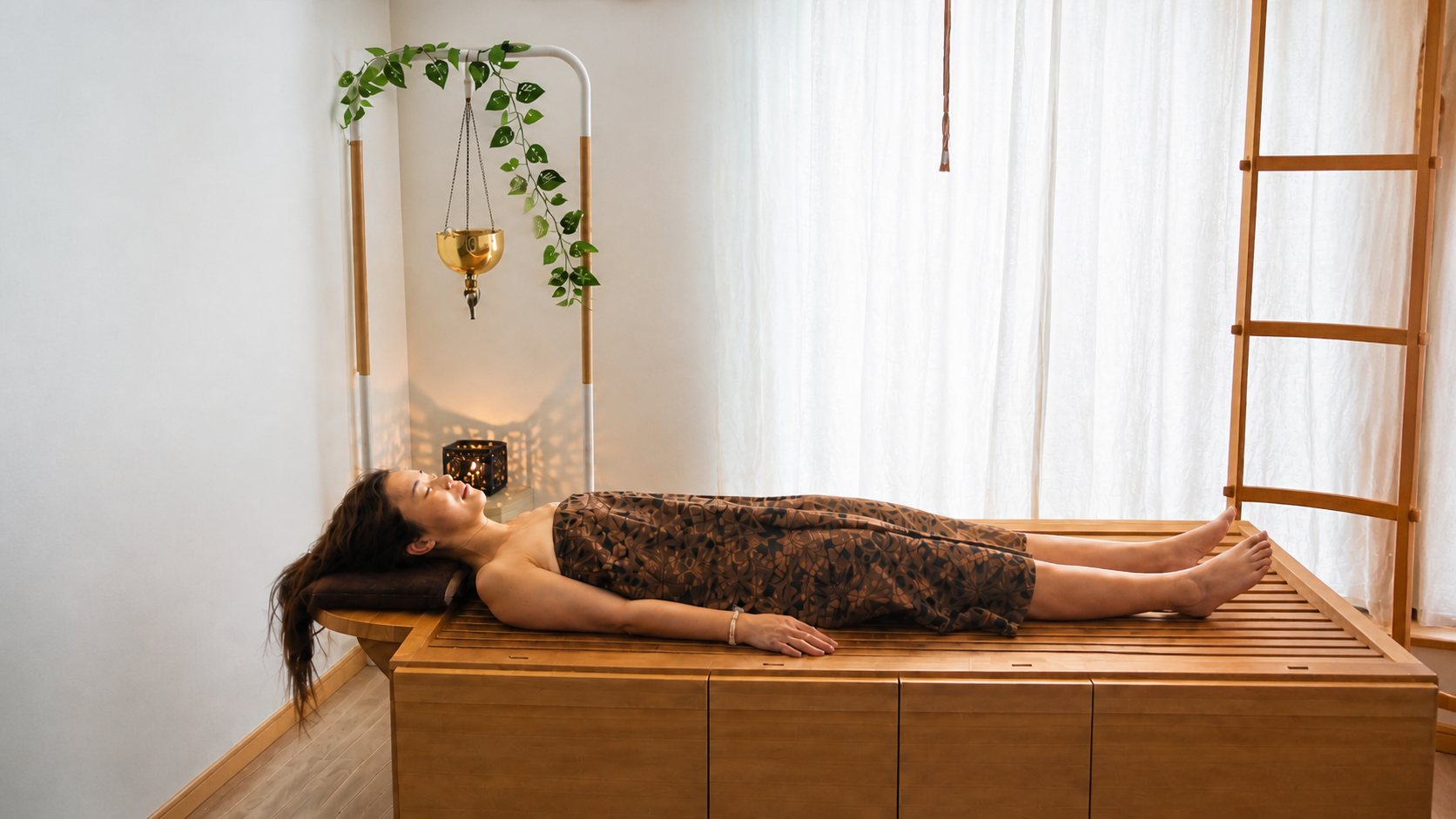 国産ヒノキの薬草スチームベッドで横になって過ごす眠り蒸しの体験イメージ